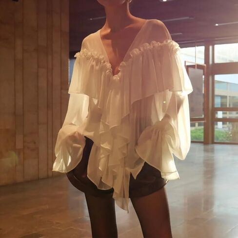 Ruffle Blouse for Women Sexy Sheer Tie Front Chiffon Shirt Long Sleeve Loose Fit Flowy Coquette Top Streetwear in Saudi Arabia