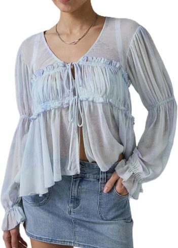 Ruffle Blouse for Women Sexy Sheer Tie Front Chiffon Shirt Long Sleeve Loose Fit Flowy Coquette Top Streetwear in Saudi Arabia