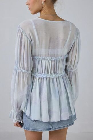 Ruffle Blouse for Women Sexy Sheer Tie Front Chiffon Shirt Long Sleeve Loose Fit Flowy Coquette Top Streetwear in Saudi Arabia