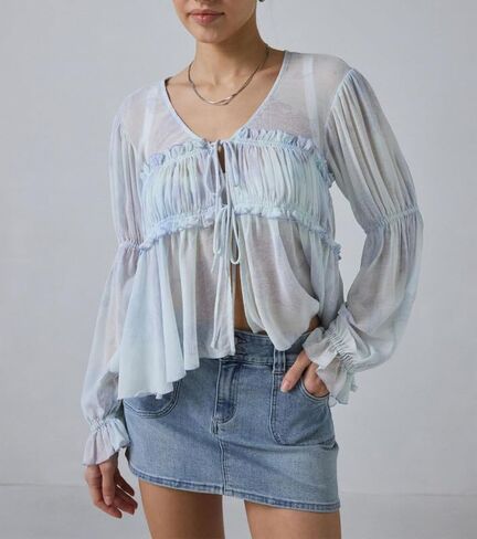 Ruffle Blouse for Women Sexy Sheer Tie Front Chiffon Shirt Long Sleeve Loose Fit Flowy Coquette Top Streetwear in Saudi Arabia