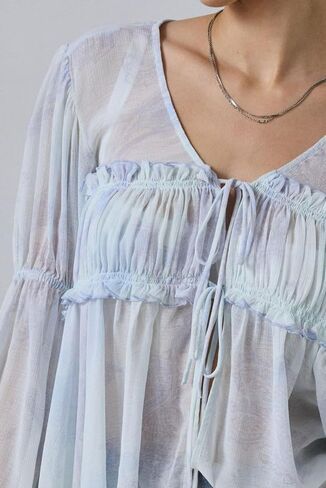Ruffle Blouse for Women Sexy Sheer Tie Front Chiffon Shirt Long Sleeve Loose Fit Flowy Coquette Top Streetwear in Saudi Arabia