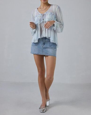 Ruffle Blouse for Women Sexy Sheer Tie Front Chiffon Shirt Long Sleeve Loose Fit Flowy Coquette Top Streetwear in Saudi Arabia