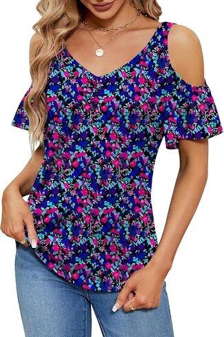 Micoson Summer Cold Shoulder Tops for Women V Neck Short Sleeve Shirts Ladies Cute Casual Blouse Going Out Outfits in Saudi Arabia