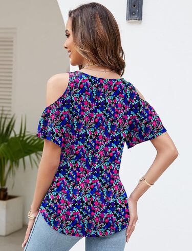 Micoson Summer Cold Shoulder Tops for Women V Neck Short Sleeve Shirts Ladies Cute Casual Blouse Going Out Outfits in Saudi Arabia