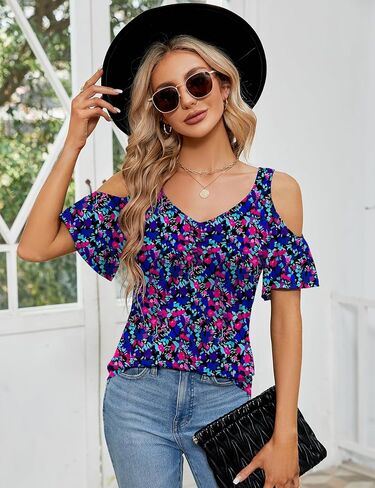 Micoson Summer Cold Shoulder Tops for Women V Neck Short Sleeve Shirts Ladies Cute Casual Blouse Going Out Outfits in Saudi Arabia