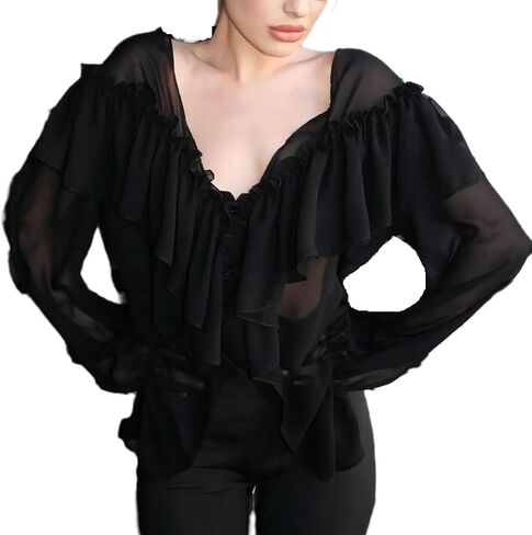 بلوزة كشكش للنساء مثير ربطة عنق شيفون قميص طويل الأكمام فضفاضة ملائمة التدفق coquette أعلى الشارع in Kuwait