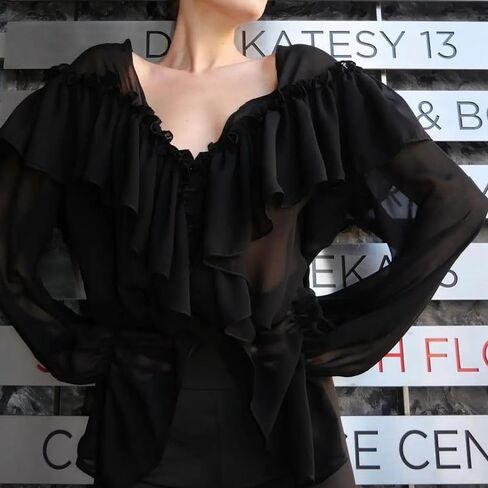 بلوزة كشكش للنساء مثير ربطة عنق شيفون قميص طويل الأكمام فضفاضة ملائمة التدفق coquette أعلى الشارع in Kuwait