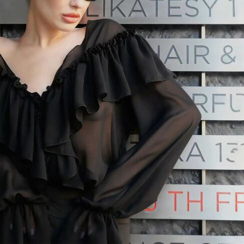 بلوزة كشكش للنساء مثير ربطة عنق شيفون قميص طويل الأكمام فضفاضة ملائمة التدفق coquette أعلى الشارع in Kuwait