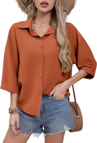 Hiyiyeyzi Women's Button Down Down Disual 3/4 Sleeve Dress Dress Tirts Collared Work Blouse with Pocket in Kuwait