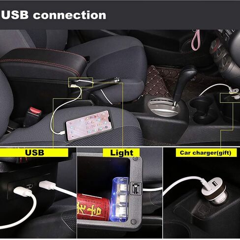YJYWZH Armrest Box for Honda Fit Jazz 2002-2008 Car Arm Rest Seat Center Storage Box Consoles Double Layer with 3 USB Ports (Black with Black Thread) in Saudi Arabia