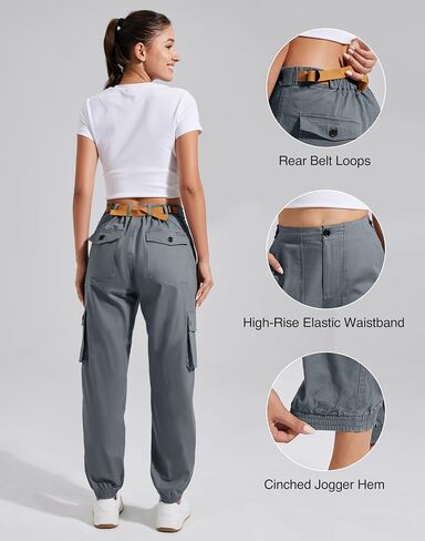 Pioneer Camp Women's Stretchy Cargo Pants with Pockets High-Rise Casual Hiking Cotton Joggers Adjustable Waistband with Belt in Saudi Arabia