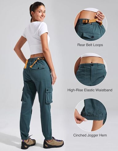 Pioneer Camp Women's Stretchy Cargo Pants with Pockets High-Rise Casual Hiking Cotton Joggers Adjustable Waistband with Belt in Saudi Arabia