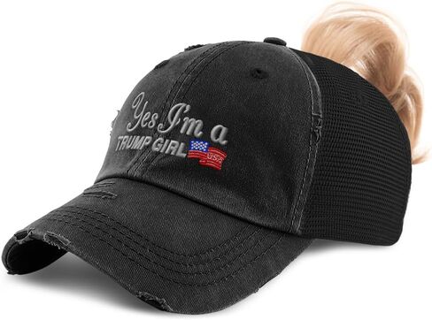 Custom Womens Ponytail Cap Yes I'm A Trump Girl Woman Distressed Trucker Caps in Saudi Arabia