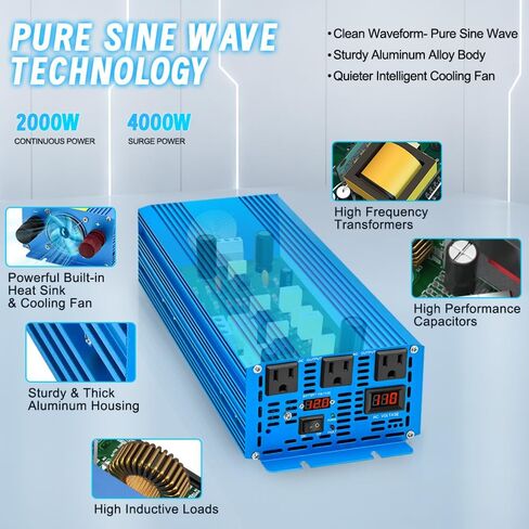 عاكس LVYUAN بقدرة 1000 واط، عاكس موجة جيبية نقية 12 فولت إلى 110 فولت تيار مستمر إلى تيار متردد مع منفذ أمريكي، ومنافذ شاحن USB، ومحول طاقة السيارة للمركبات، والمركبات الترفيهية، والخارجية، والمنزل in Kuwait