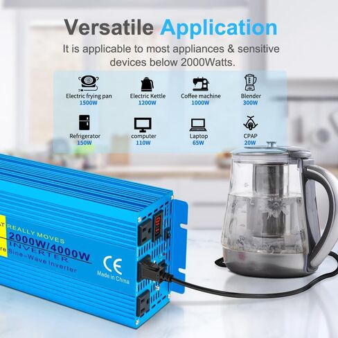 عاكس LVYUAN بقدرة 1000 واط، عاكس موجة جيبية نقية 12 فولت إلى 110 فولت تيار مستمر إلى تيار متردد مع منفذ أمريكي، ومنافذ شاحن USB، ومحول طاقة السيارة للمركبات، والمركبات الترفيهية، والخارجية، والمنزل in Kuwait