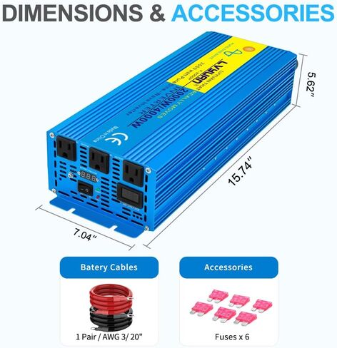 عاكس LVYUAN بقدرة 1000 واط، عاكس موجة جيبية نقية 12 فولت إلى 110 فولت تيار مستمر إلى تيار متردد مع منفذ أمريكي، ومنافذ شاحن USB، ومحول طاقة السيارة للمركبات، والمركبات الترفيهية، والخارجية، والمنزل in Kuwait