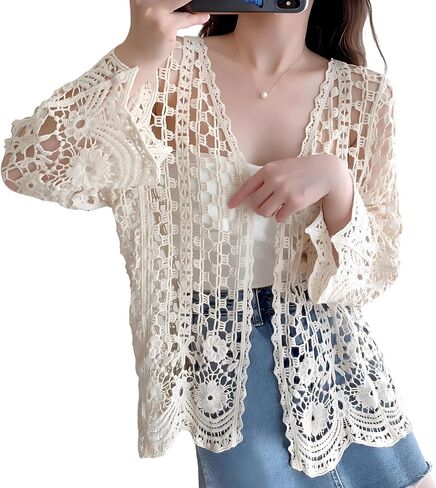 سترة نسائية صيفية بأكمام طويلة مفرغة من الكروشيه المحبوك بالزهور معطف مفتوح من الأمام شبكي صدفي للشاطئ معطف بيج in Kuwait