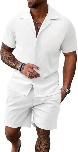 UOUA 2 Piece Short Sets for Men Summer Beach Outfits Stripe Texture Button Down Shirts & Shorts Casual Vacation Set in Saudi Arabia