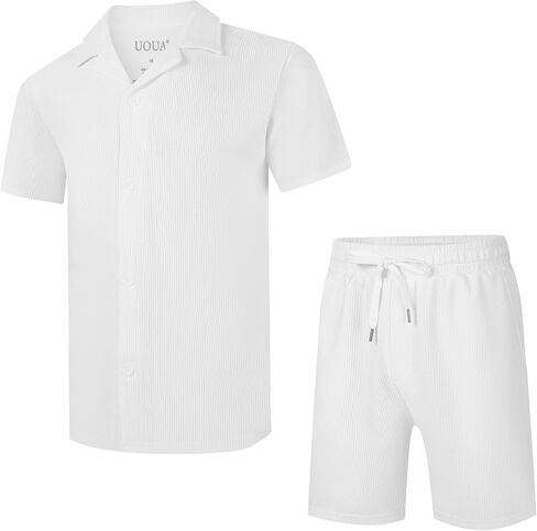 UOUA 2 Piece Short Sets for Men Summer Beach Outfits Stripe Texture Button Down Shirts & Shorts Casual Vacation Set in Saudi Arabia