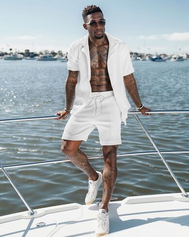 UOUA 2 Piece Short Sets for Men Summer Beach Outfits Stripe Texture Button Down Shirts & Shorts Casual Vacation Set in Saudi Arabia