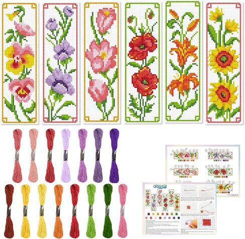 ORIGACH 6 Pcs Flower Cross Stitch Bookmark Kit for Beginner Sunflowers Tulip DIY Stamped Embroidery Bookmark Kit for Starter Printed Cross Stitch Kits with Instruction for Book Lovers in Saudi Arabia