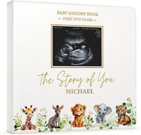 Baby Book Keepsake - Timeless Baby Memory Book for Boy or Girl I First 5 Year I Faux Leather, Gender Neutral, Safari Theme w/Gold Foil Stamp - Baby First Year Book Journal Scrapbook Photo Album Shower in Kuwait