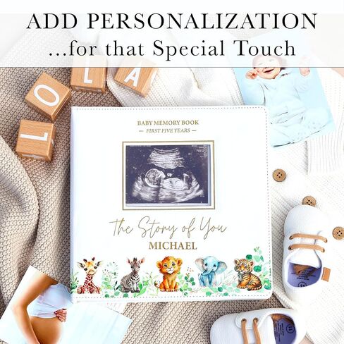 Baby Book Keepsake - Timeless Baby Memory Book for Boy or Girl I First 5 Year I Faux Leather, Gender Neutral, Safari Theme w/Gold Foil Stamp - Baby First Year Book Journal Scrapbook Photo Album Shower in Kuwait