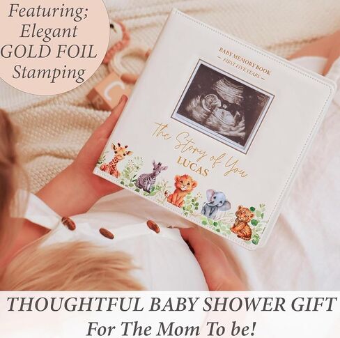 Baby Book Keepsake - Timeless Baby Memory Book for Boy or Girl I First 5 Year I Faux Leather, Gender Neutral, Safari Theme w/Gold Foil Stamp - Baby First Year Book Journal Scrapbook Photo Album Shower in Kuwait