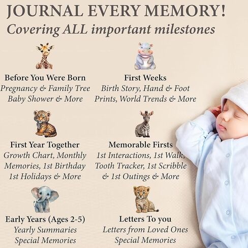 Baby Book Keepsake - Timeless Baby Memory Book for Boy or Girl I First 5 Year I Faux Leather, Gender Neutral, Safari Theme w/Gold Foil Stamp - Baby First Year Book Journal Scrapbook Photo Album Shower in Kuwait