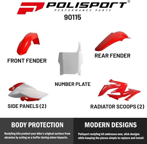 Polisport Motocross (MX) مجموعة البلاستيك المتماثلة لـ Honda CRF 250R (2006-07)-جودة OEM ، متينة ، مرنة ومثالية-أحمر/أبيض in Saudi Arabia