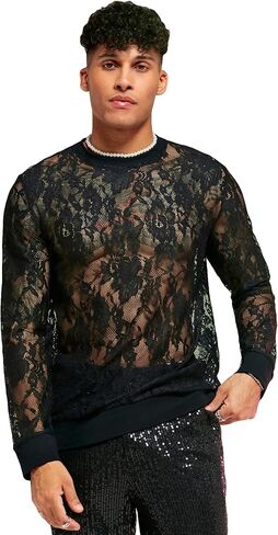 WDIRARA Men's Floral Lace Mesh Sweatshirt See Through Round Neck Long Sleeve Party Rave Club Disco Tops in Saudi Arabia