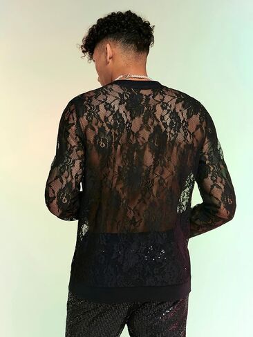 WDIRARA Men's Floral Lace Mesh Sweatshirt See Through Round Neck Long Sleeve Party Rave Club Disco Tops in Saudi Arabia