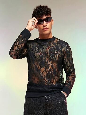 WDIRARA Men's Floral Lace Mesh Sweatshirt See Through Round Neck Long Sleeve Party Rave Club Disco Tops in Saudi Arabia