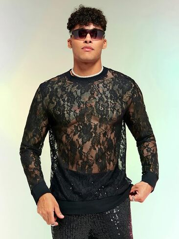 WDIRARA Men's Floral Lace Mesh Sweatshirt See Through Round Neck Long Sleeve Party Rave Club Disco Tops in Saudi Arabia