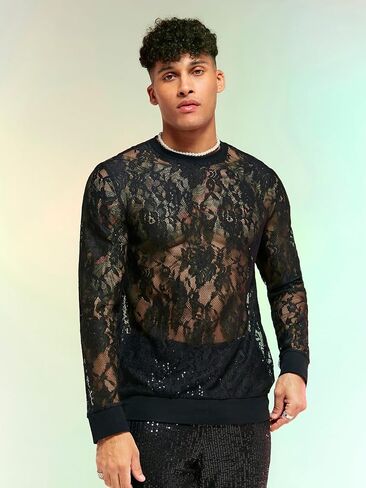 WDIRARA Men's Floral Lace Mesh Sweatshirt See Through Round Neck Long Sleeve Party Rave Club Disco Tops in Saudi Arabia