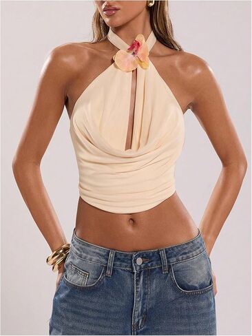 MakeMeChic Women's 3D Flower Sexy Halter Top Draped Front Tie Backless Sleeveless Tank Tops in Kuwait