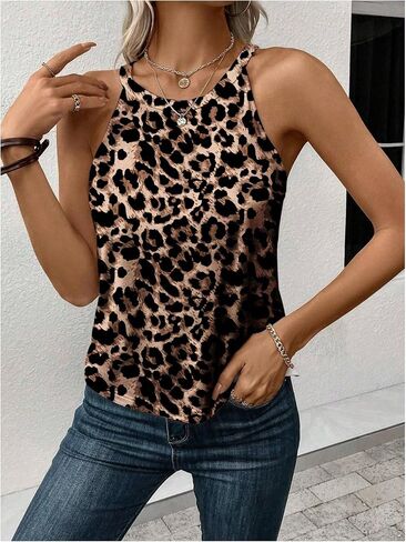 Wdirara Women's Leopard Print Olcyless Tank Top Summer Disual Tee Shirt in Saudi Arabia