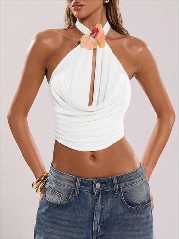 MakeMechic Women's 3D Flower Sexy Halter Top Fluged Tie Tie Backlessless Suctions Tops in Saudi Arabia