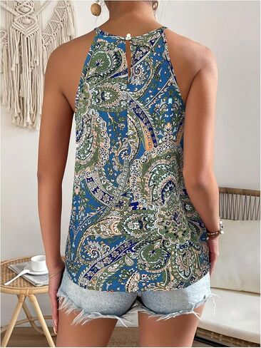 Women's Paisley Print Boho Halter Tops Cut Out Sleeveless Camisole Tops Vacation Cami Shirts in Saudi Arabia