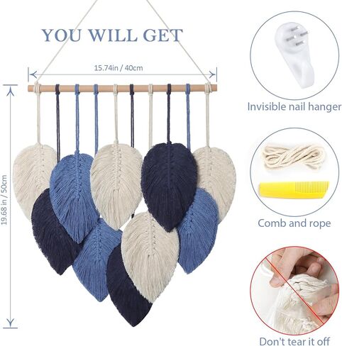 Weldomcor Macrame الجدار شنقا يترك أنيقة المنسوجة ورقة شرابات الديكور القطن الحلي نسيج ديكور الغرفة الحديثة البوهيمي اليدوية ريشة جدار الفن الزينة لخلفية الشقة (الأزرق الداكن) in Kuwait