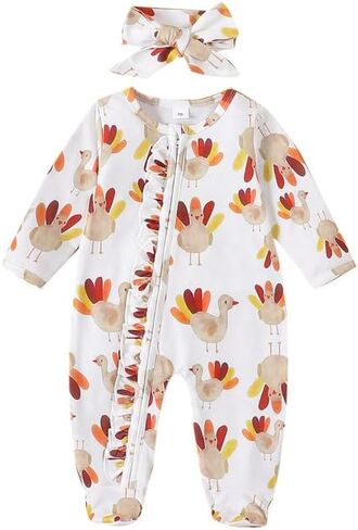 Newborn Baby Girl Bow Heart Footies Romper Long Sleeve Sleeper Headband Zip Up Footed Overalls Coming Home Outfits in Kuwait