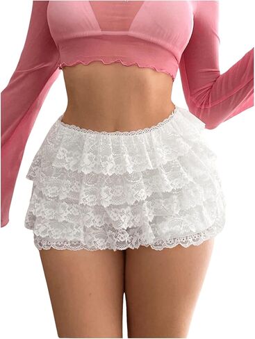 SHENHE Women's Lace Mesh Shorts Bow Front Layered Ruffled Low Waist Sweet Mini Shorts Black Medium in Saudi Arabia