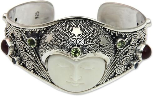 NOVICA Artisan Handmade Peridot Carnelian Cuff Bracelet with Gemstones Bone Silver Sterling Blue Topaz Multigem Green Multicolor Red Indonesia Sun Moon Birthstone Balinese Traditional [6 in Inner Cir] in Saudi Arabia