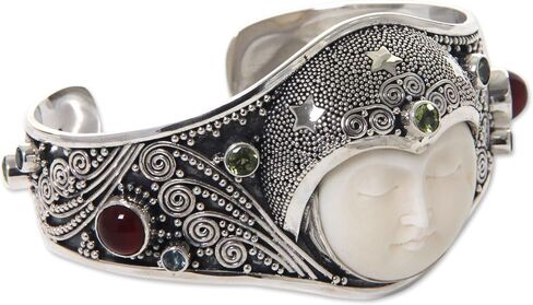 NOVICA Artisan Handmade Peridot Carnelian Cuff Bracelet with Gemstones Bone Silver Sterling Blue Topaz Multigem Green Multicolor Red Indonesia Sun Moon Birthstone Balinese Traditional [6 in Inner Cir] in Saudi Arabia