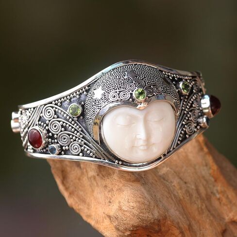NOVICA Artisan Handmade Peridot Carnelian Cuff Bracelet with Gemstones Bone Silver Sterling Blue Topaz Multigem Green Multicolor Red Indonesia Sun Moon Birthstone Balinese Traditional [6 in Inner Cir] in Saudi Arabia