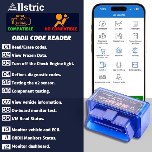 Allstric® OBD2 Scanner Bluetooth ELM327. Car Diagnostic Tool for All Cars. OBD Code Reader with Reset, Reads DTCs, Clears Check Engine Light, Vehicle Info, and O2 Sensor Test. Fixd Car Diagnostic Tool in Saudi Arabia