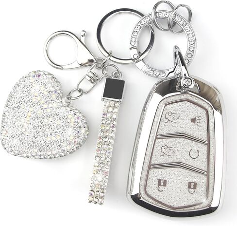 Key Fob Cover with Diamond Keychain Fit for Cadillac Car Key Holder Case Compatible with Cadillac Escalade ATS CTS STS SRX XT5 CT6 Smart Remote Key Protector, 6 Buttons (Silver-Heart) in Saudi Arabia
