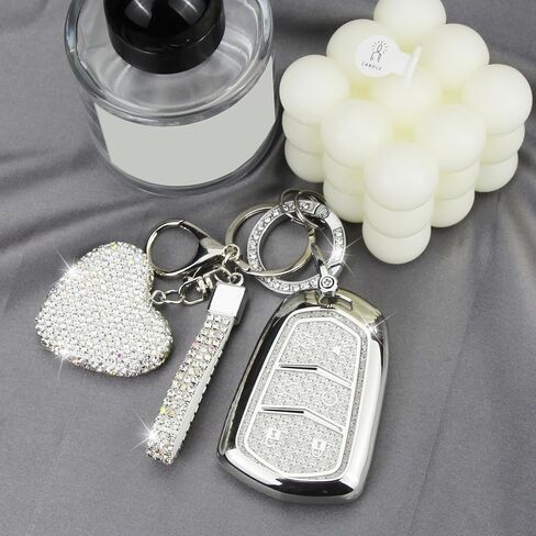 Key Fob Cover with Diamond Keychain Fit for Cadillac Car Key Holder Case Compatible with Cadillac Escalade ATS CTS STS SRX XT5 CT6 Smart Remote Key Protector, 6 Buttons (Silver-Heart) in Saudi Arabia