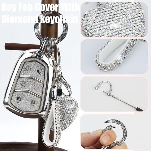 Key Fob Cover with Diamond Keychain Fit for Cadillac Car Key Holder Case Compatible with Cadillac Escalade ATS CTS STS SRX XT5 CT6 Smart Remote Key Protector, 6 Buttons (Silver-Heart) in Saudi Arabia