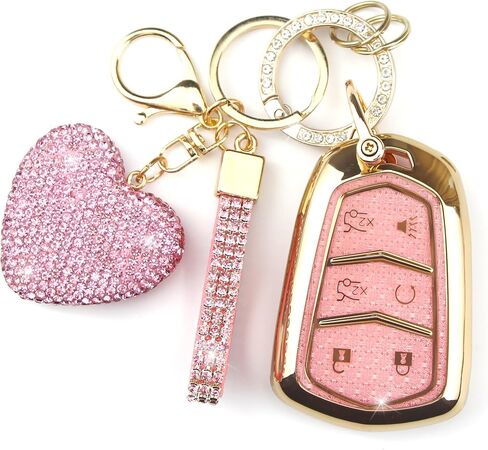Key Fob Cover with Diamond Keychain Fit for Cadillac Car Key Holder Case Compatible with Cadillac Escalade ATS CTS STS SRX XT5 CT6 Smart Remote Key Protector, 6 Buttons (Silver-Heart) in Saudi Arabia